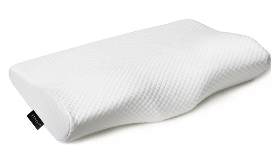 A long pillow with a deep groove down the middle lays on display. Th EPABO Countoured Memory Foam Pillow is the best pillow for neck pain in 2022.